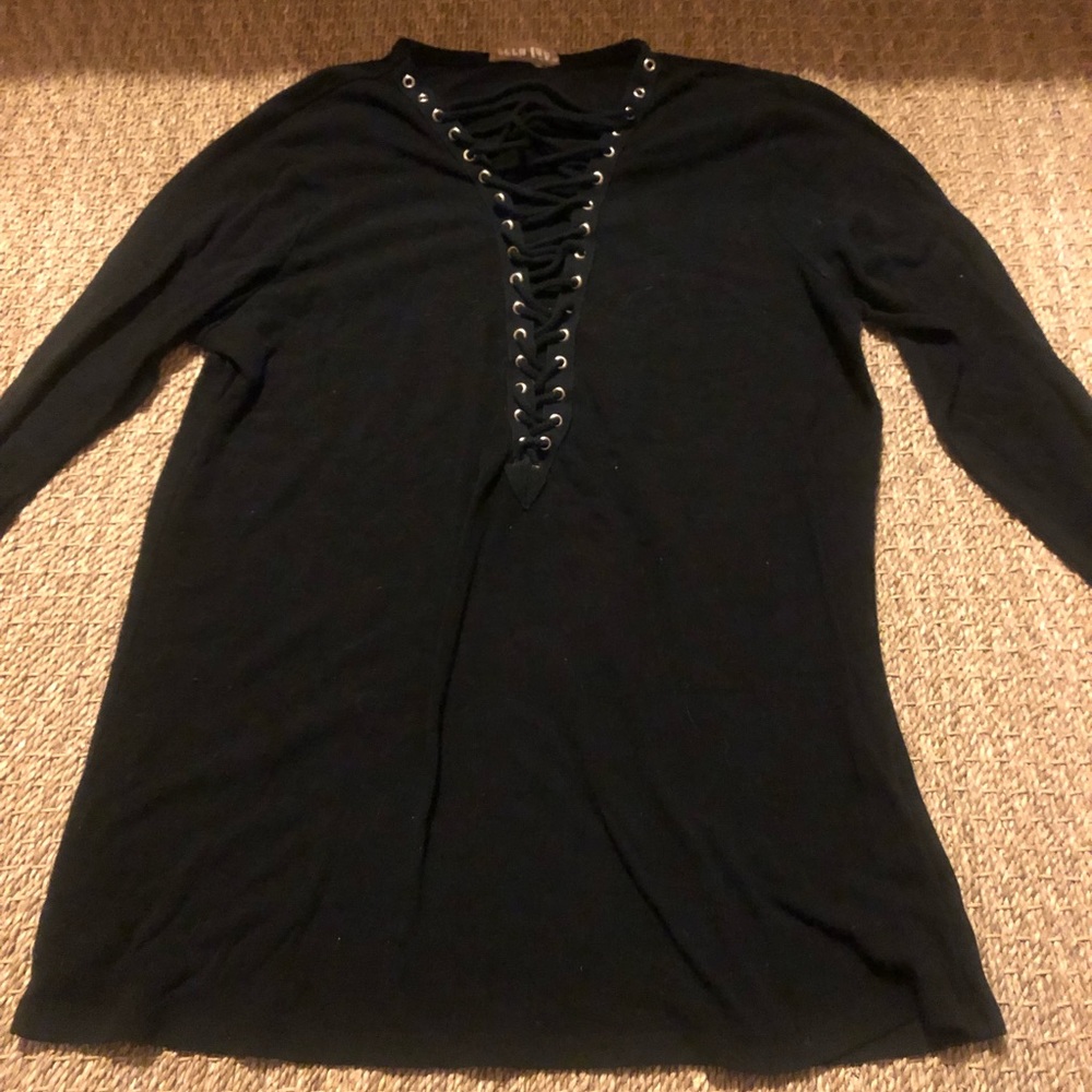 Long sleeve lace up neck black T-shirt